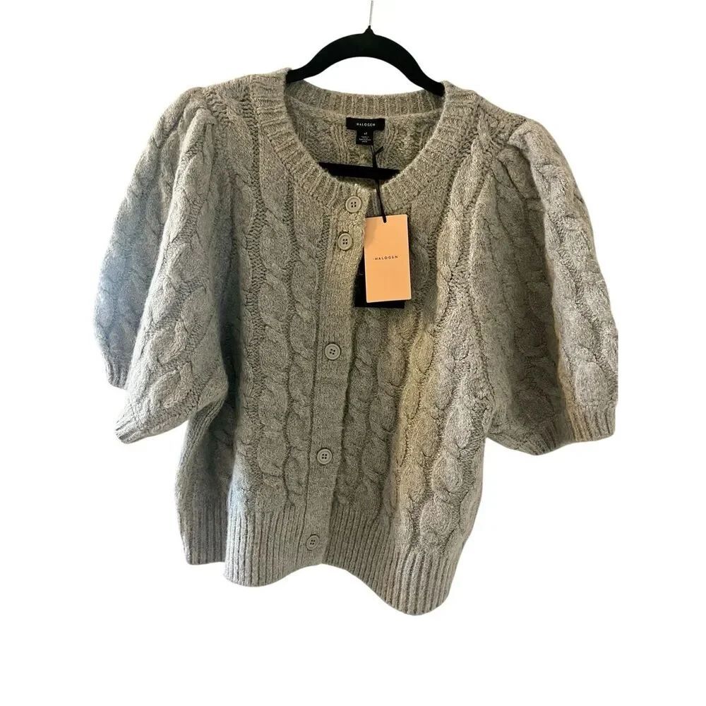Halogen Cropped Short Sleeve Button Down Sweater, NWT